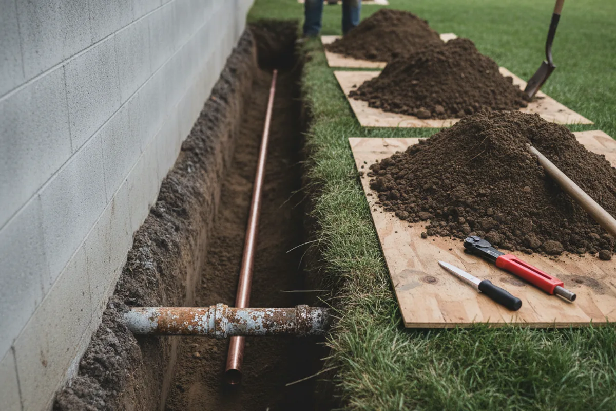 Excavated water line trench during Sewer Line Repair in Lost Nation